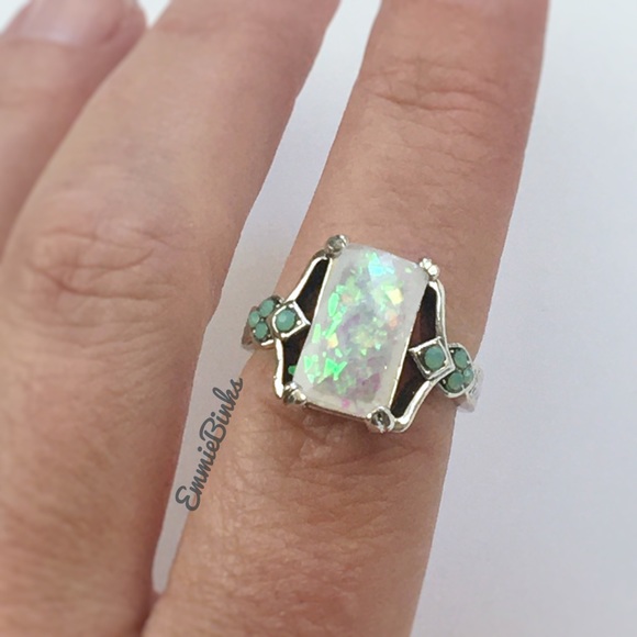 RESTOCK New Vintage Style Fire Opal Rectangular Cocktail Ring -Silver Opal Retro - Picture 11 of 16